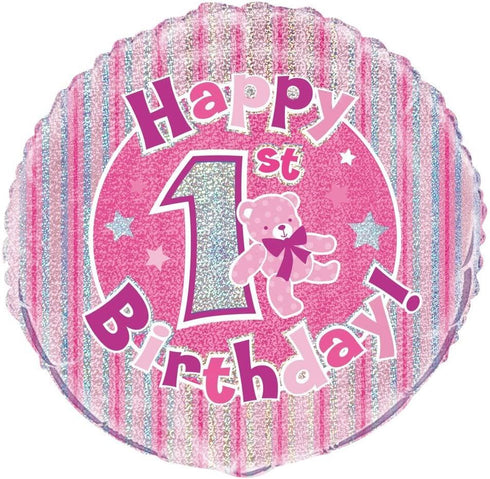 1st Birthday Foil Balloon - Pink Holographic 18 Inch | UNIQUE PARTY