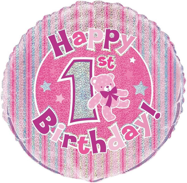 1st Birthday Foil Balloon - Pink Holographic 18 Inch | UNIQUE PARTY