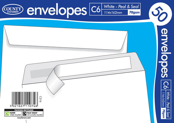COUNTY C6 WHITE PEEL AND SEAL ENVELOPES 50/PK. C516