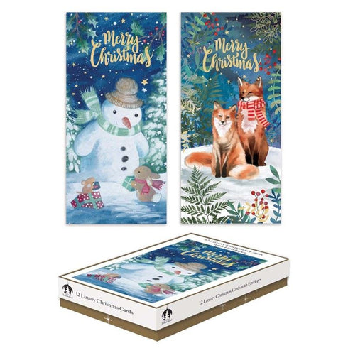 CHRISTMAS CARDS WOOD SNOWMAN / FOX - PACK OF 12 SLIM BOXED. TAX9024A