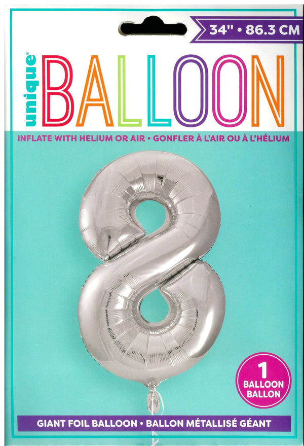 Silver Number Balloon - Unique Birthday Glitz #8, 34 Inch