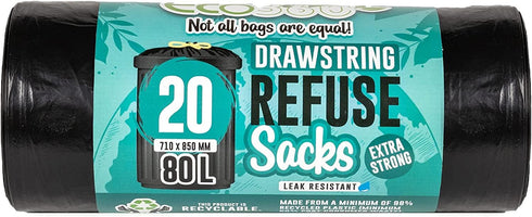 Heavy Duty Refuse Sacks - ECO 80L Drawstring Bin Bags 20/PK