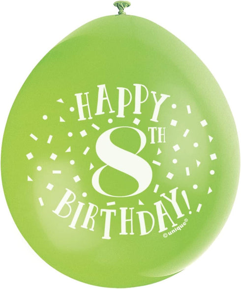8th Birthday Balloons - Multicolour Latex Pack | UNI56042