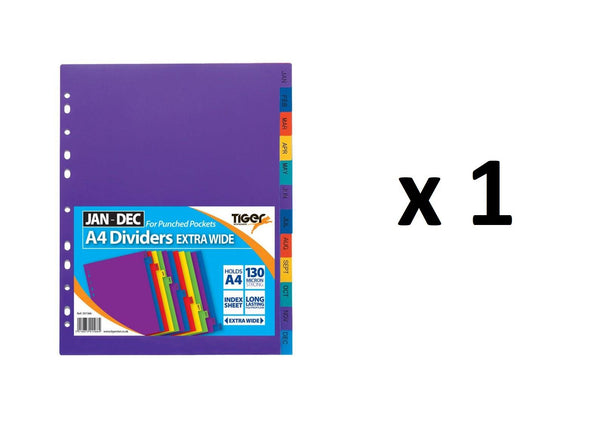 A4 Divider Tabs - TIGER Extra Wide Jan-Dec Punch Partition