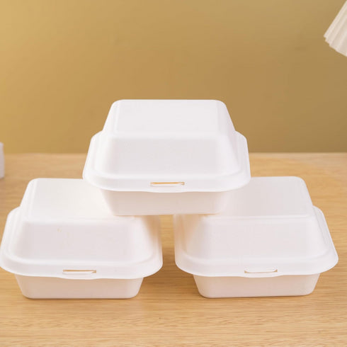 WHITE BAGASSE BIODEGRADABLE CLAMSHELL BOXES 6 X 6" 50/PK BURGER BOX. 09810-BQ1