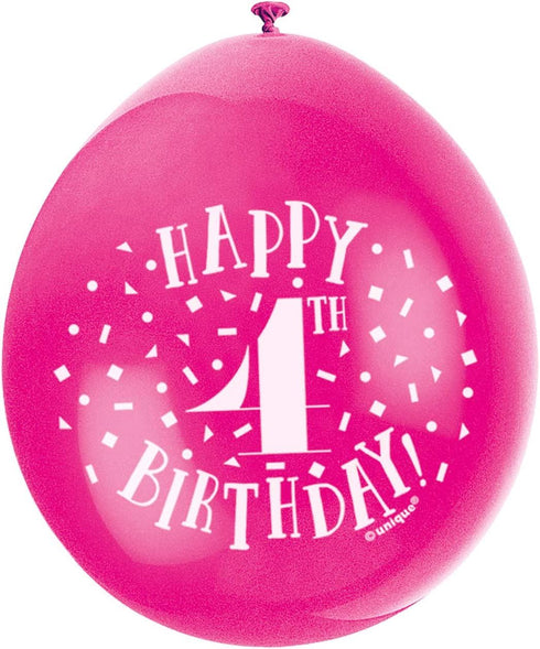 4th Birthday Balloons - Unique Party Happy Latex Multicolour 10 Pack