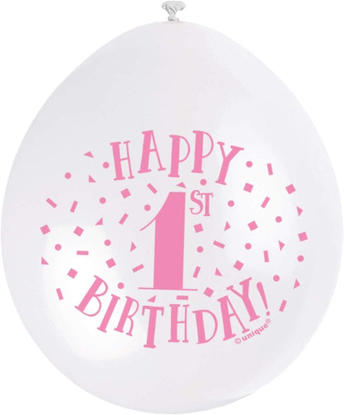UNIQUE PARTY HAPPY 1ST BIRTHDAY LATEX BALLOONS 9 10/PK - PINK. UNI56031