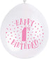 UNIQUE PARTY HAPPY 1ST BIRTHDAY LATEX BALLOONS 9 10/PK - PINK. UNI56031