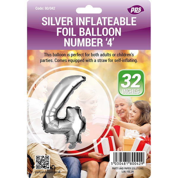 Silver Number 4 Balloon - Giant 82cm Foil Decoration | PPS80042