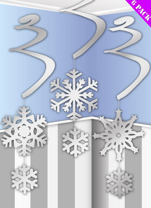 6 HANGING SILVER SWIRLS CHRISTMAS SNOWFLAKE FROZEN PARTY HOME ROOM DECORATIONS. DP53672