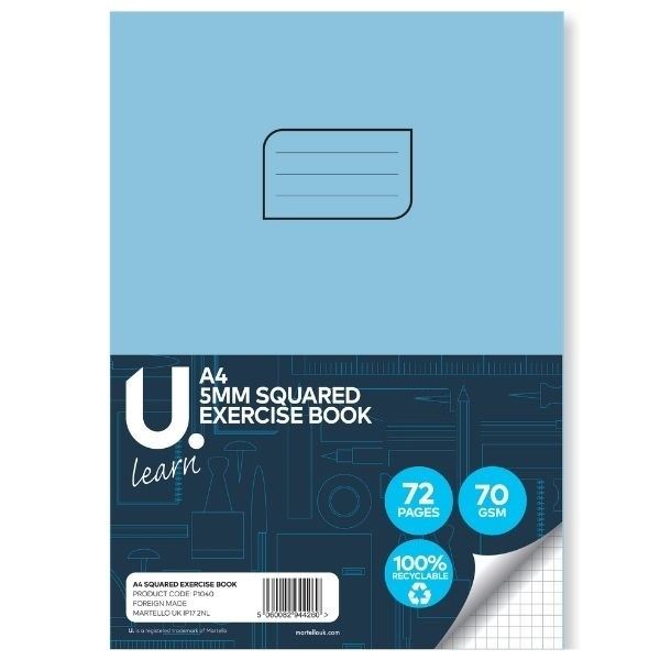 U LEARN A4 5MM SQUARED EXERCISE BOOK 70GSM 36 SHEETS. P1040