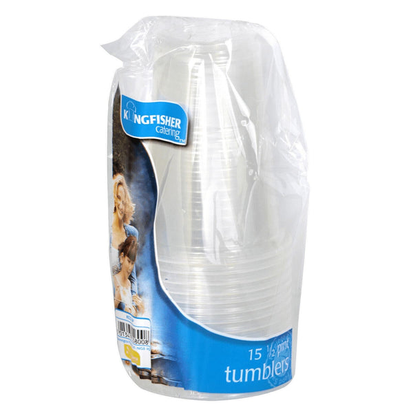 KINGFISHER CLEAR PLASTIC HALF PINT TUMBLERS GLASSES PACK OF 15. KCC15P
