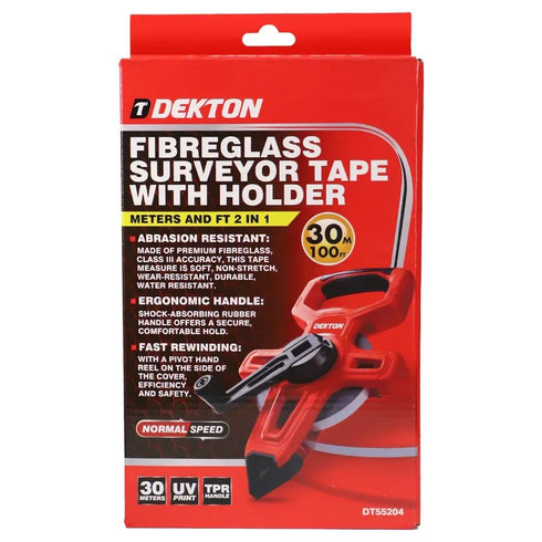 DEKTON 2 IN 1 FIBBREGLASS SURVEYOR TAPE WITH HOLDER 30MTR. DT55204