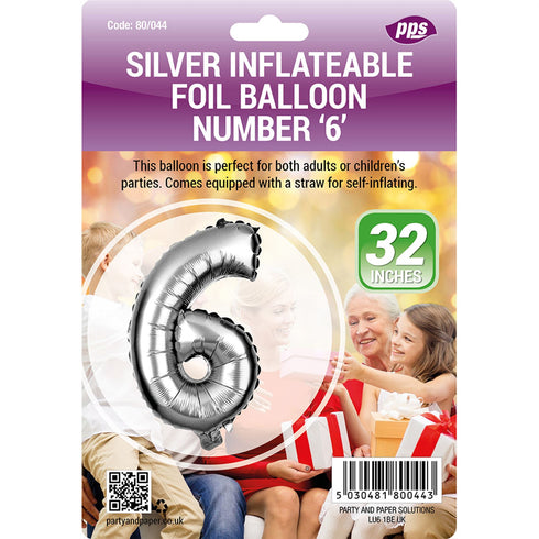 Silver Number 6 Balloon - PPS Giant Foil 82cm Decoration