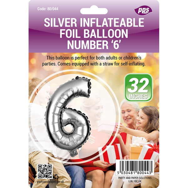 Silver Number 6 Balloon - PPS Giant Foil 82cm Decoration