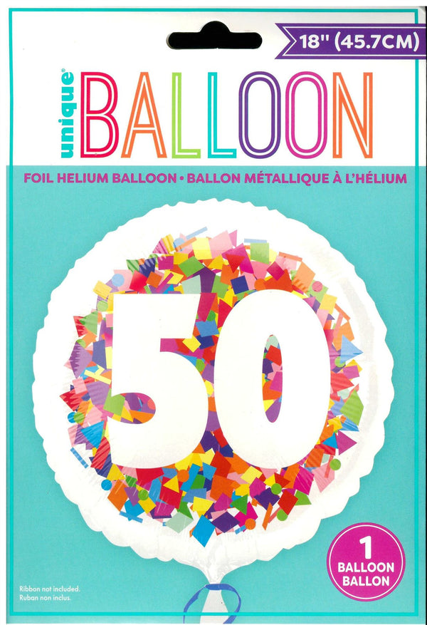 50th Birthday Balloon - Unique Bright Confetti Number 50 Foil Decor