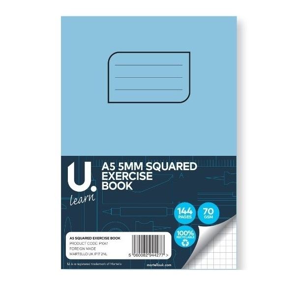 U LEARN A5 5MM SQUARED EXERCISE BOOK 70GSM 72 SHEETS. P1041