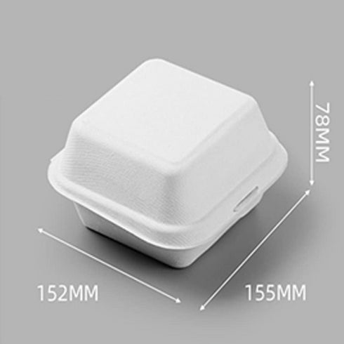 WHITE BAGASSE BIODEGRADABLE CLAMSHELL BOXES 6 X 6" 50/PK BURGER BOX. 09810-BQ1