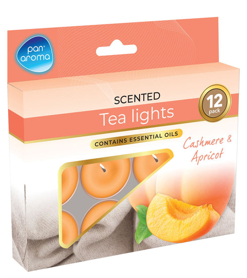 PAN AROMA SCENTED TEA LIGHTS CANDLE 12/PK - CASHMERE & APRICOT. PAN0689