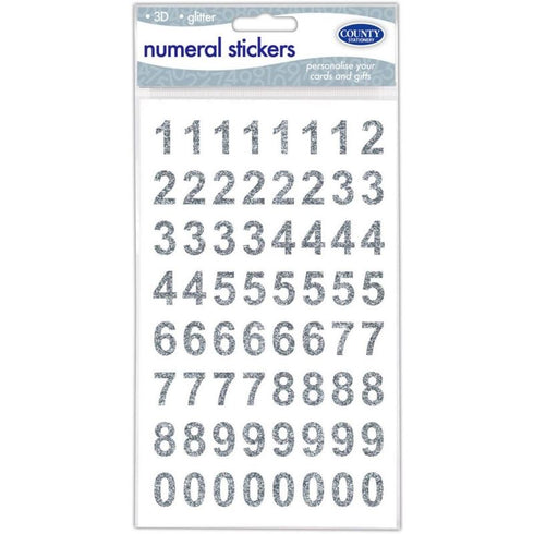 COUNTY 3D SILVER GLITTER NUMERAL STICKERS. C909