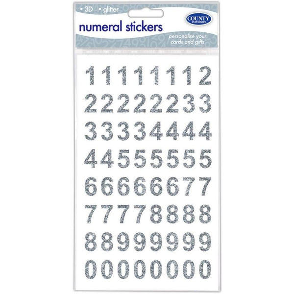 COUNTY 3D SILVER GLITTER NUMERAL STICKERS. C909