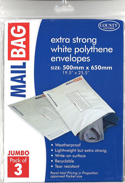 White Mail Bags - COUNTY Jumbo Polythene 500mm x 650mm 3/Pack