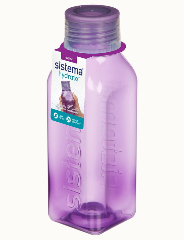 SISTEMA SQUARE ASSORTED COLOUR WATER BOTTLE 475ML. SIS870