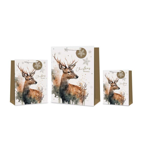 TALLON CHRISTMAS WATERCOLOUR STAG MEDIUM GIFT BAGS 23 X 18CM. TAX9433A