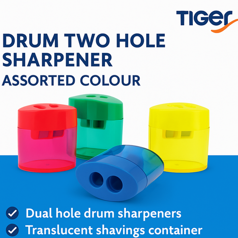 TIGER DRUM TWO HOLE SHARPENER ASSORTED COLOUR. T301522