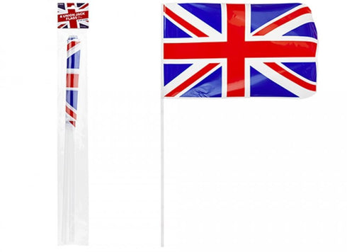UNION JACK HAND WAVING FLAG WITH STICKS 12 INCH X 8 INCH 4/PK. PI031012