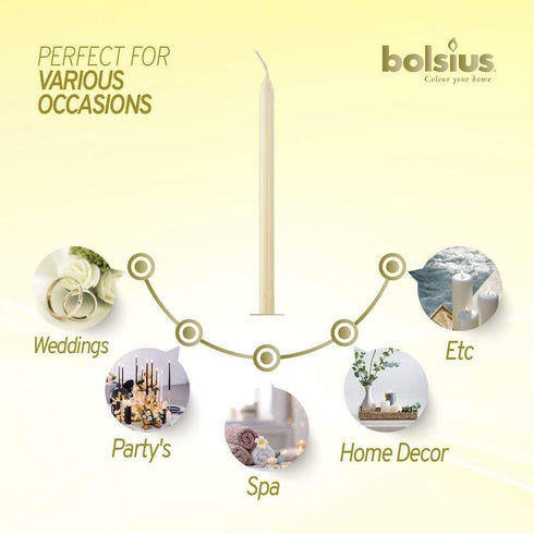 BOLSIUS IVORY TAPERED DINNER CANDLES 245MM 7.5H 10/PK. CN5215