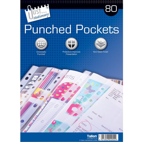JUST STATIONERY 80 CLEAR PLASTIC PUNCHED POCKET. TA4055