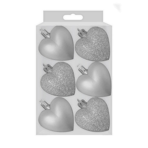 GLITTER / MATT HEART SHAPE CHRISTMAS TREE BAUBLES 50MM 6/PK - SILVER. DP55163