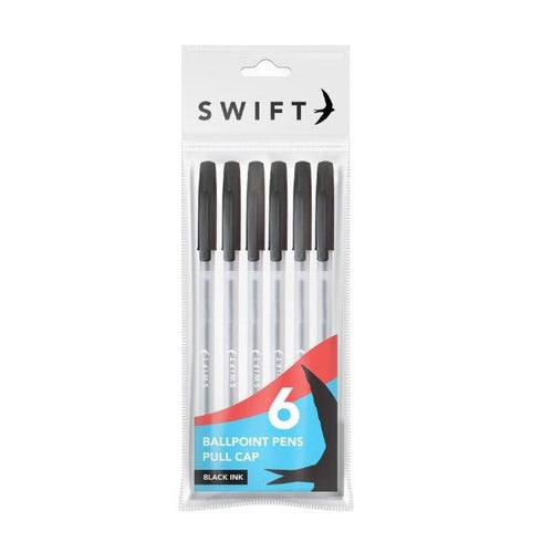SWIFT PULL CAP BALLPOINT PENS 6/PK - BLACK. P3098