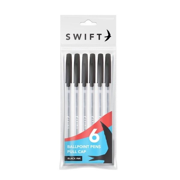 SWIFT PULL CAP BALLPOINT PENS 6/PK - BLACK. P3098