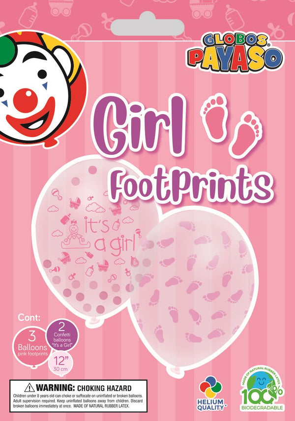 GLOBOS PAYASO GIRL FOOTPRINTS BABY SHOWER PARTY PINK BALLOONS 5/PK. CB06P