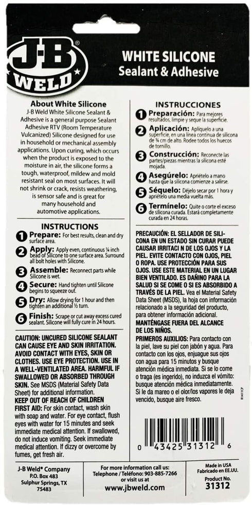 JB Weld White Silicone RTV 85G 31312 - All-Purpose Sealant