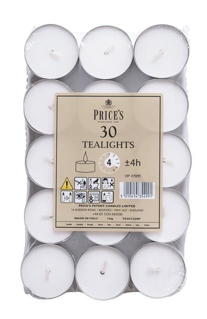 PRICES PATENT CANDLES WHITE TEALIGHT PACK OF 30. TE301228P