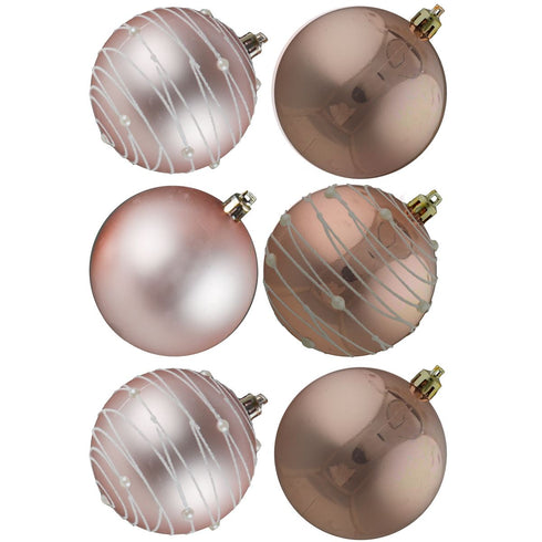 6 CHRISTMAS BAUBLES SWIRL ROSE GOLD 80MM. DP55949