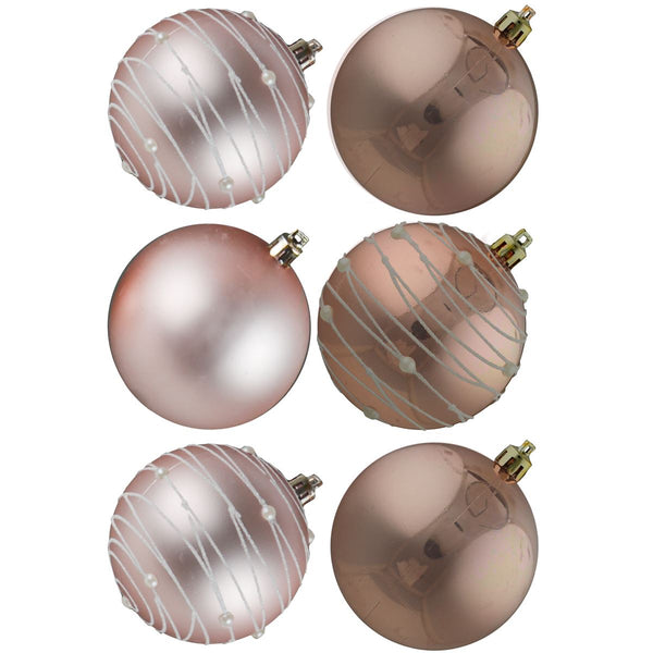 6 CHRISTMAS BAUBLES SWIRL ROSE GOLD 80MM. DP55949