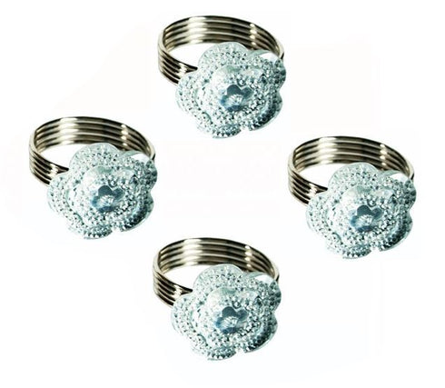 SET OF 4 SILVER PLATED NAPKIN HOLDER WITH CLEAR ACRYLIC STONES FLOWER. 101143FLOWER