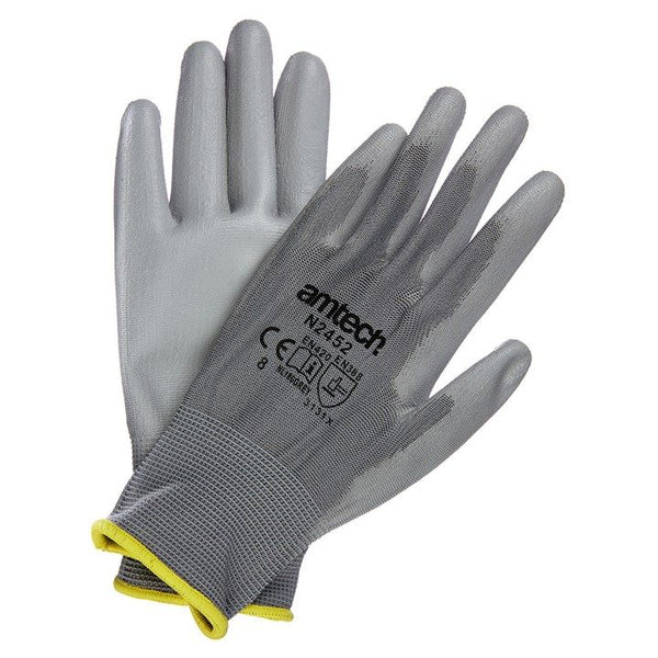 PU Coated Gloves - AM-TECH Light Duty, Medium Size 8 Grey