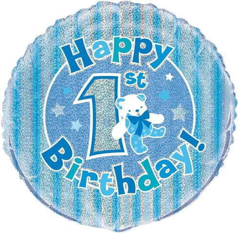 1st Birthday Balloon - Blue Holographic Foil 18 Inch | UNIQUE PARTY