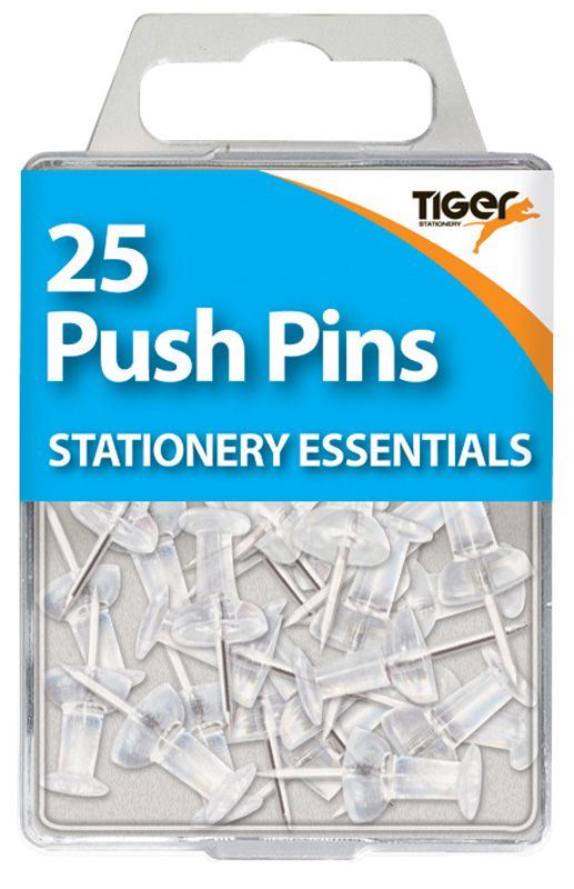 Clear Push Pins - 25 Tiger Essentials T302130 for Office & Home