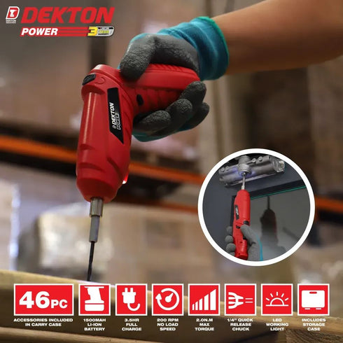 DEKTON 2 IN 1 3.6V CORDLESS SCREWDRIVER DRILL SET WITH RECHARGEABLE BATTERY. DT600015