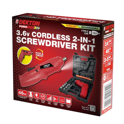 DEKTON 2 IN 1 3.6V CORDLESS SCREWDRIVER DRILL SET WITH RECHARGEABLE BATTERY. DT600015