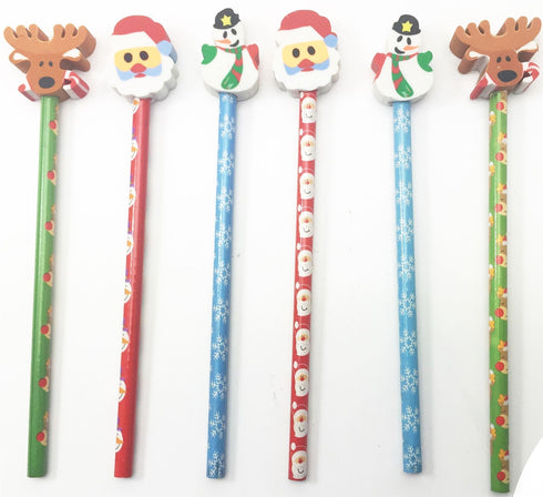6 CHRISTMAS PENCILS WITH ERASER TOPPER REINDEER XPNL. XPCL