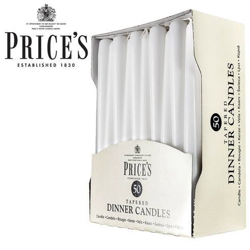 PRICES WHITE TAPERED DINNER CANDLE UNWRAPPED 7HRS 50/PK. TDC005028 327438