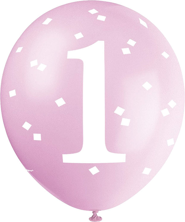 1st Birthday Balloons - Pink Gingham Latex 5 Pack | UNI74915