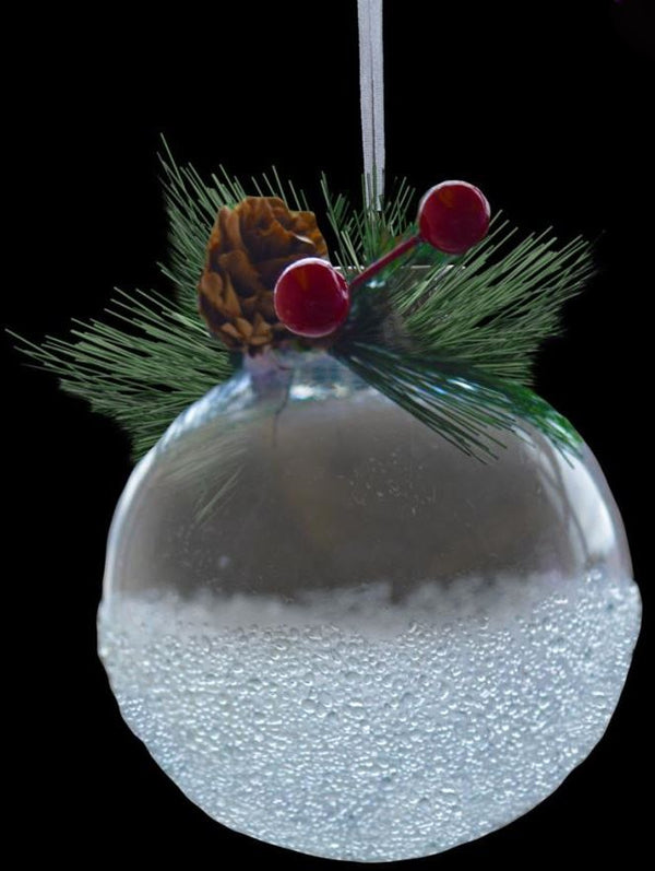 CLEAR FROST BAUBLE WITH SNOW 8 CENTIMETRE. 55131
